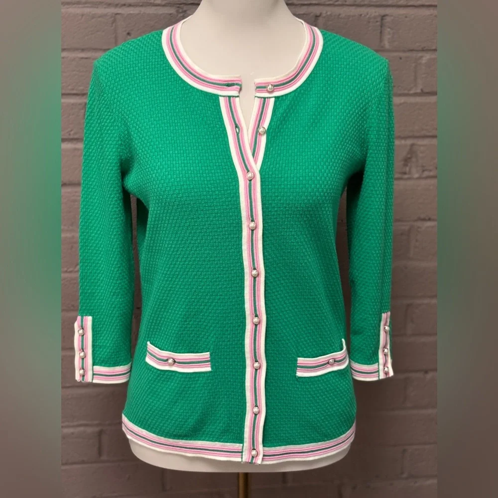 Talbots Green Cardigan with Pink and White Trim XS
